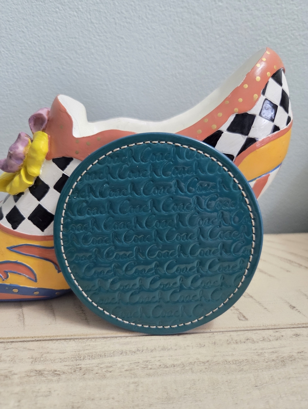 Coach Logo Embossed Leather Coasters Red & Teal, Set of 2 EUC - Picture 3 of 8